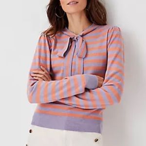 ANN TAYLOR Lavender & Peach Stripe Sweater with Tie Neck & Balloon Sleeve Detail
